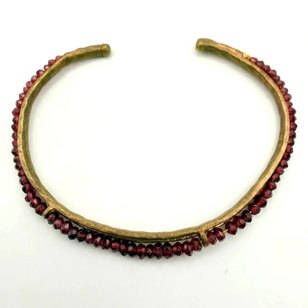 Handmade Vtg Brass Faceted Garnet Bead Cuff Bracelet Ethnic Tribal Festival Boho